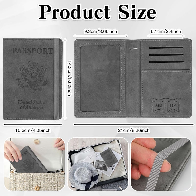 RHOttbiy Passport Holder for Travel, RFID Blocking Passport Cover with Pen Holder Leather Passport Wallet Case Travel Must Haves Accessories Passport Book Card Holder for Family Travel Essentials Gifts, Gray - Image 3